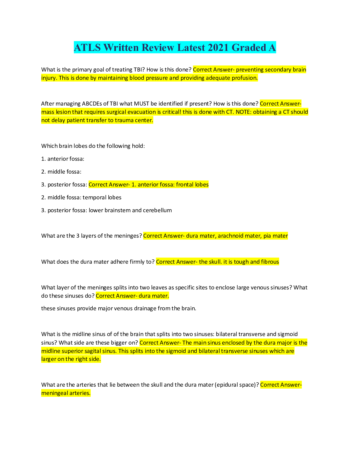 Preview image for ATLS Written Review Latest 2021 Graded A